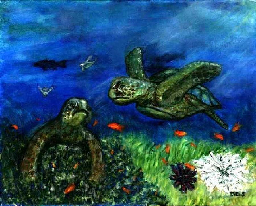 Sea Turtle Painting - Sea Turtle Rendezvous by Tanna Lee M Wells Sea Turtle Painting - Sea Turtle Rendezvous by Tanna Lee M Wells