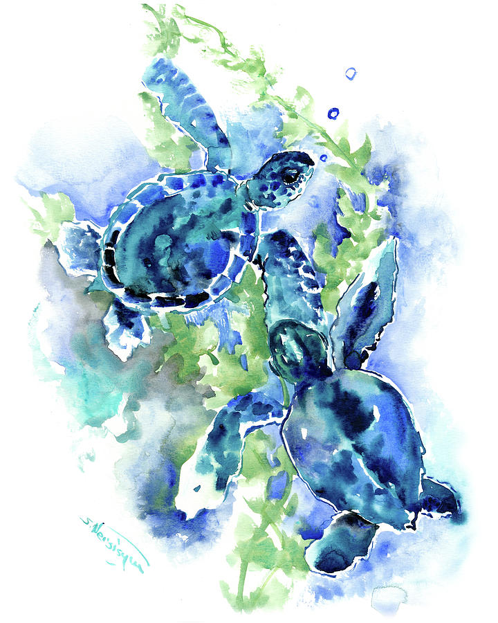Sea Turtle, underwater scene, BLue turquoise Illustration beach bath Painting by Suren Nersisyan