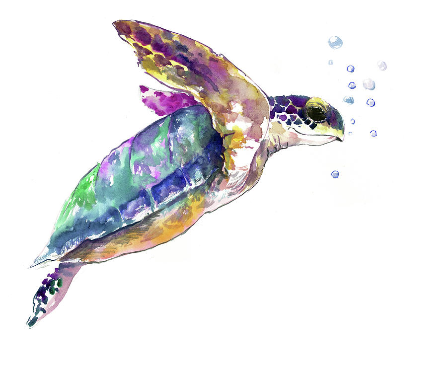 Sea Turtle UNderwater Scene Painting by Suren Nersisyan