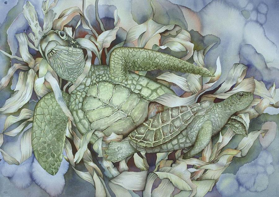 Sea turtles mum and babe Painting by Liduine Bekman