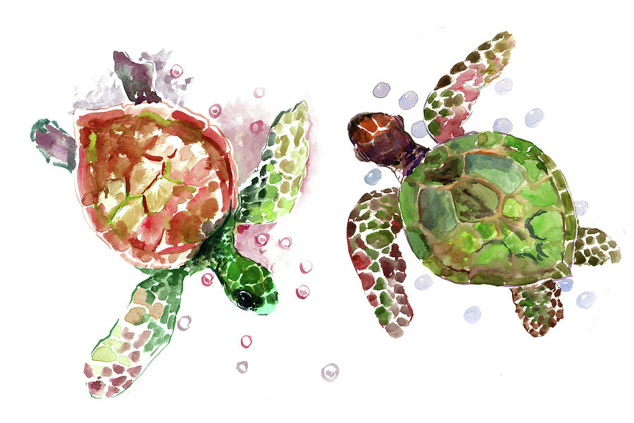 Sea Turtles, Olive green underwater beach artwork Painting by Suren Nersisyan