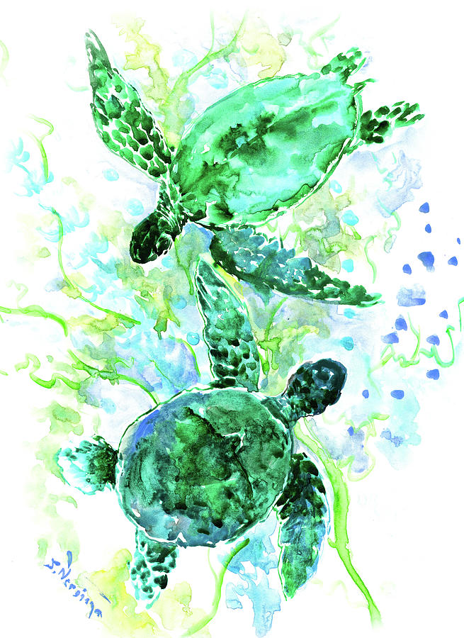 Sea Turtles Underwater Scene Turquoise BLue BEach Sea World Design Painting by Suren Nersisyan