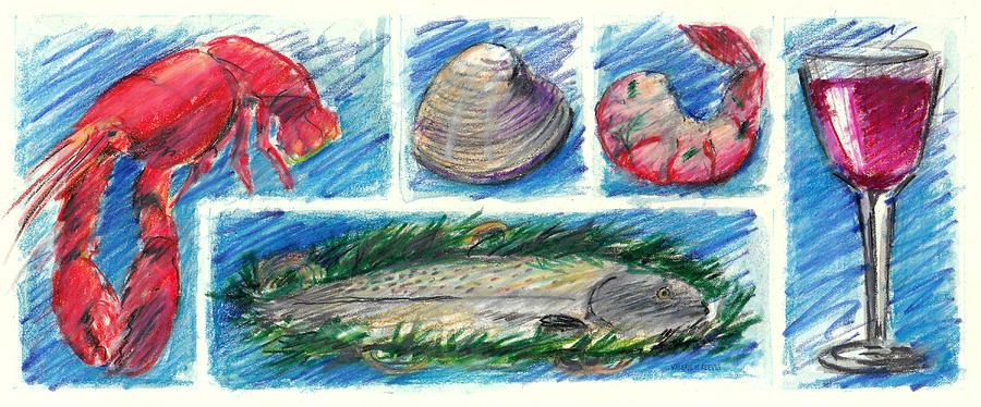 Seafood with Wine Drawing by Valerie Reeves