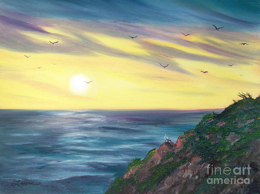 Bird Painting - Seagulls at Sunset by Laura Iverson