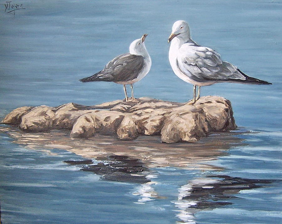 Seagulls In The Sea Painting by Natalia Tejera