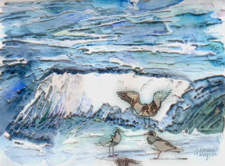 Seagulls In The Surf Mixed Media by Arline Wagner