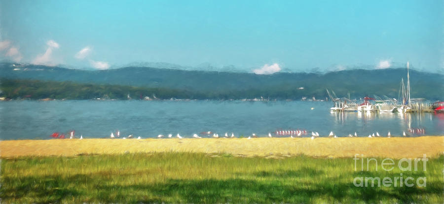 Seagulls on Lake Winnisquam Painting by Mim White