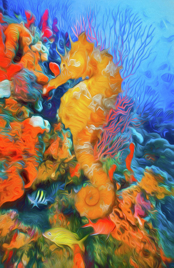 Seahorse at a Magical Reef Watercolor Painting Photograph by Debra and Dave Vanderlaan