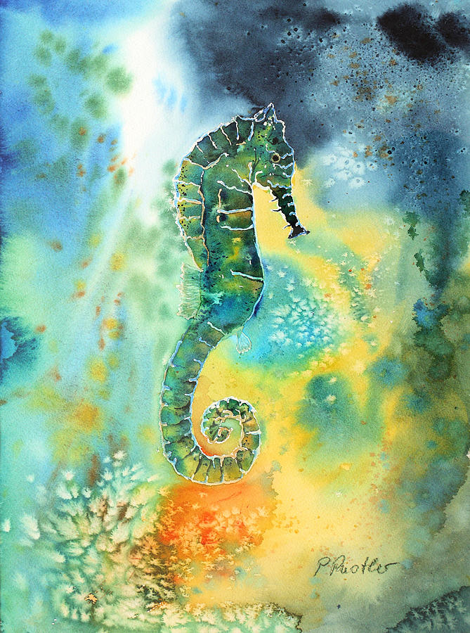 Seahorse Blue Green Painting by Peggy Rustler | Fine Art America