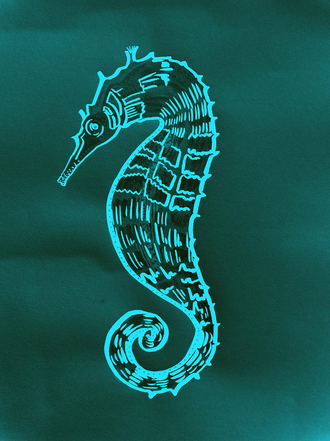 Seahorse Drawing In Green Painting