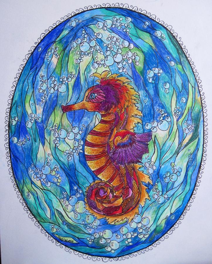 Seahorse in oval Drawing by Megan Walsh