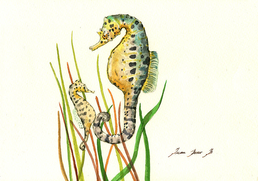 Seahorse Painting - Seahorse mom and baby by Juan Bosco