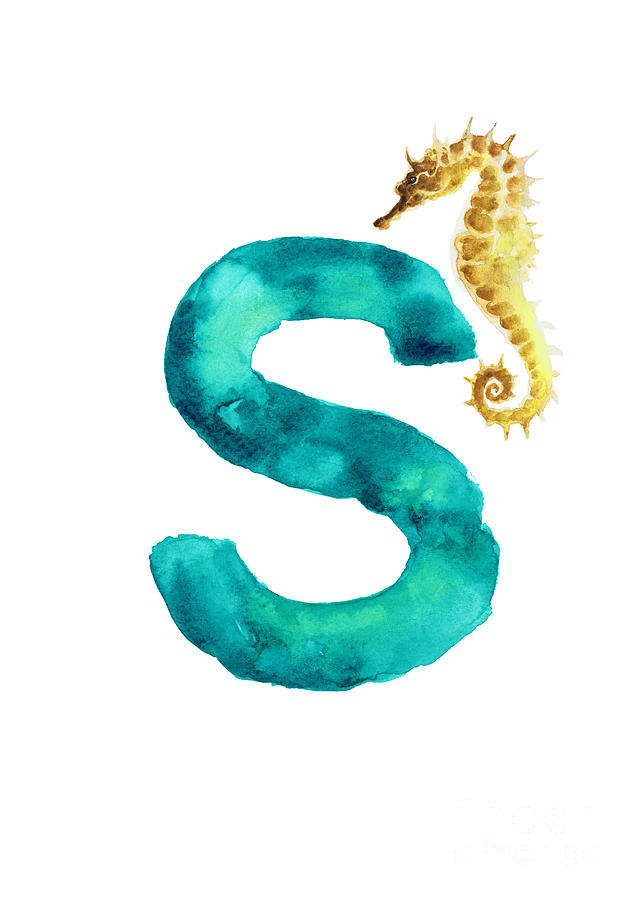 Seahorse Painting - Seahorse watercolor alphabet minimalist painting by Joanna Szmerdt