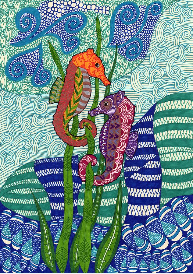 Seahorses in the waves Drawing by Sharon White
