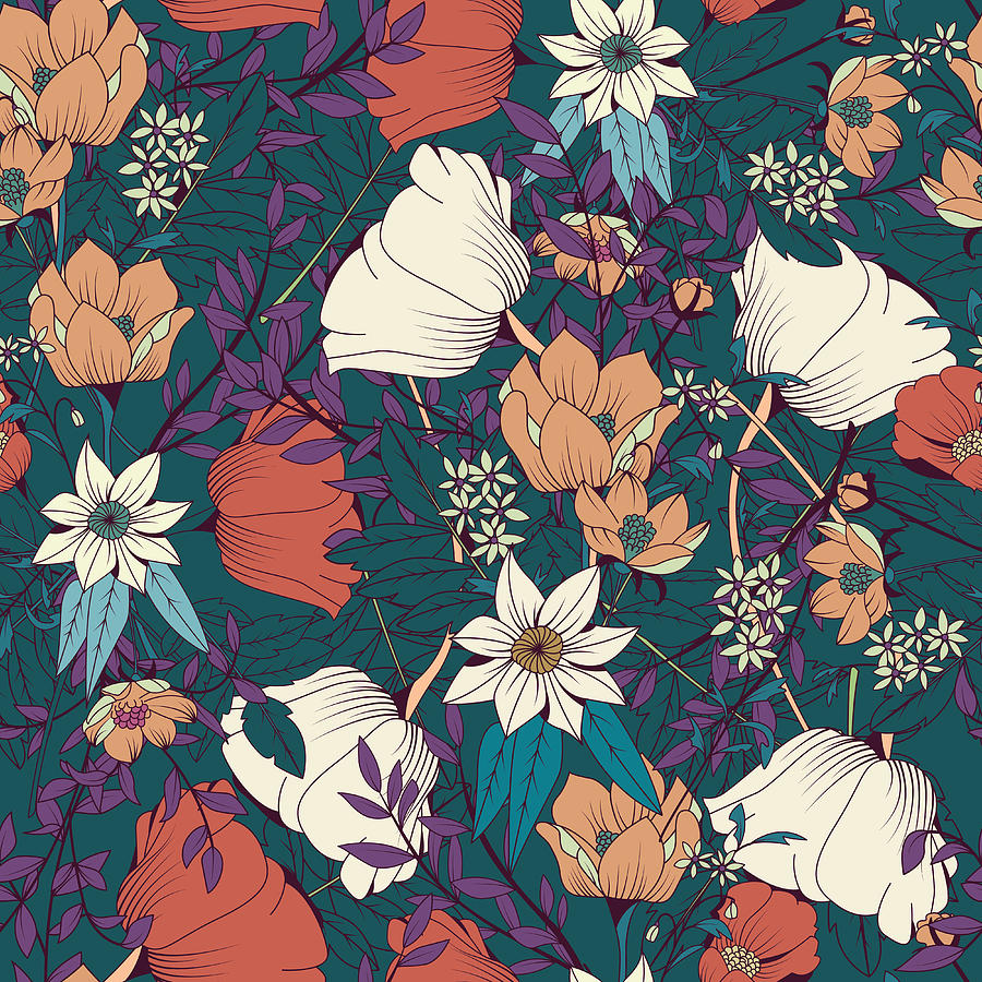 Seamless pattern design with hand drawn flowers and floral eleme ...