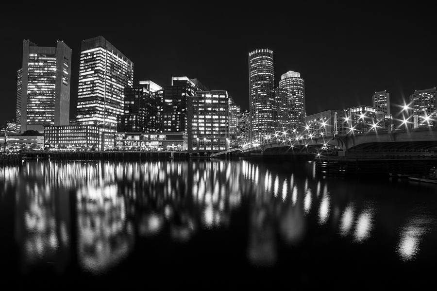 Seaport Bridge Boston Skyline Reflection Boston MA Black and White Photograph by Toby McGuire