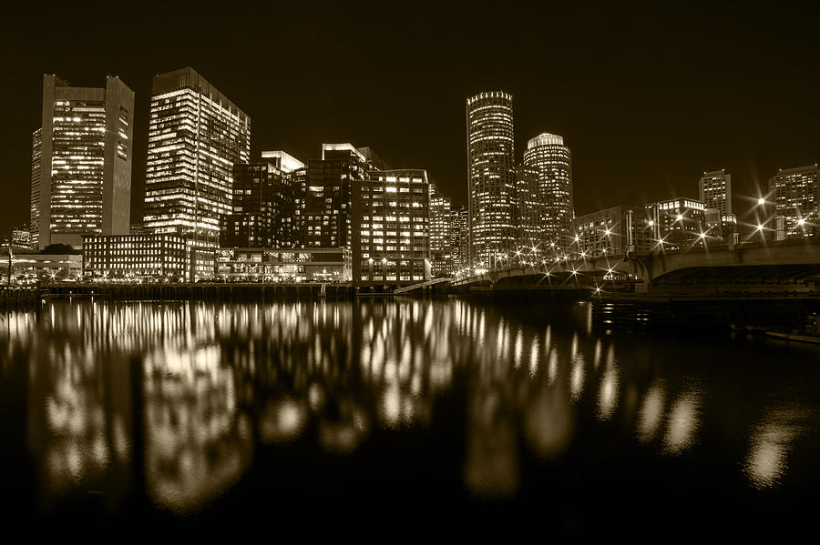 Seaport Bridge Boston Skyline Reflection Boston MA Sepia Photograph by Toby McGuire