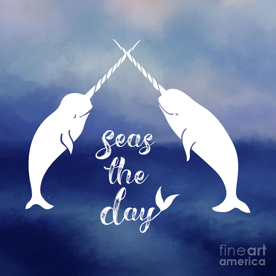 Seas the Day Narwhal Coastal Text Art Painting by Tina Lavoie