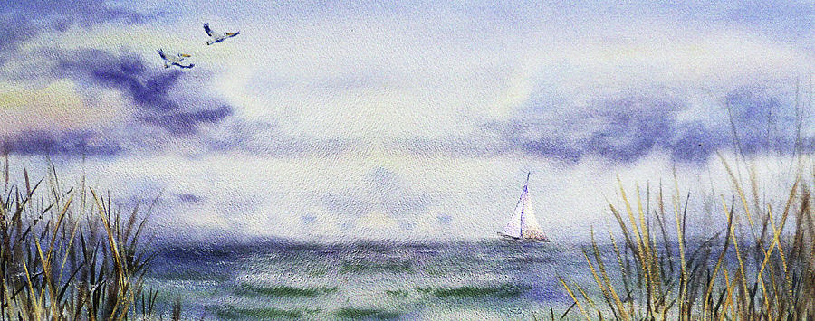 Seascape Elongated Painting With Sailboat Painting by Irina Sztukowski