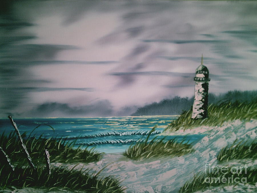 Seascape Lighthouse Painting by Jim Saltis