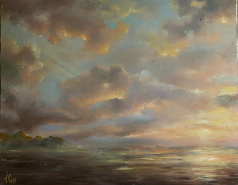Sunset Painting - Seascape sunset .Tranquility. Oil on canvas  by Vali Irina Ciobanu