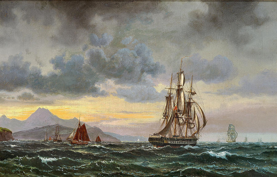 Seascape with numerous sailing ships near a rocky coast Painting by Vilhelm Melbye