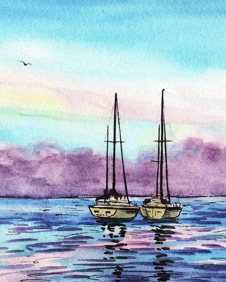 Seascape With Two Boats Watercolor Painting by Irina Sztukowski