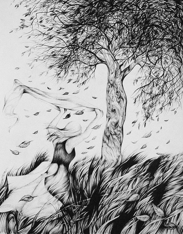 Black And White Drawing - Season of Falling Leaves by Anna  Duyunova