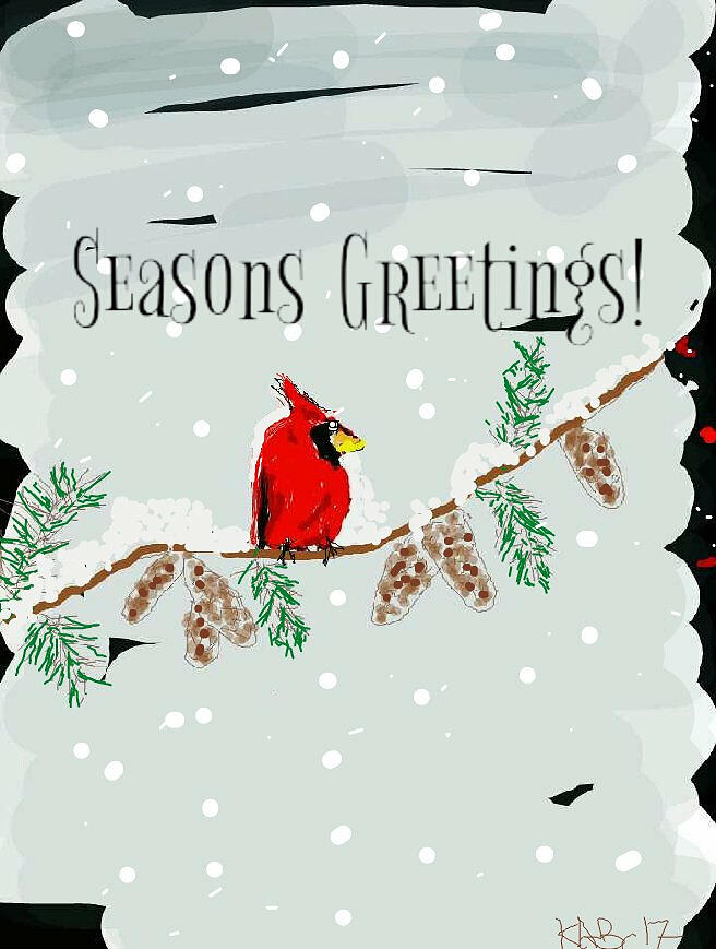 Seasons Greeting Cardinal Drawing by Kathy Barney