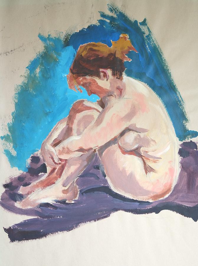 Nude Painting - Seated Female Nude Wrapping Arms Round Legs by Mike Jory