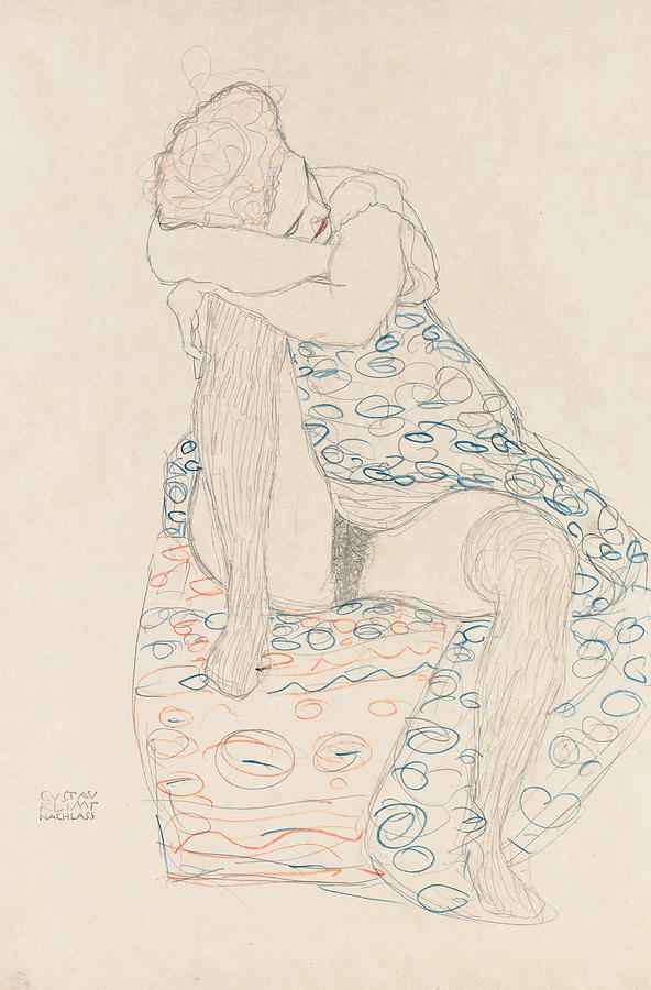 Seated Figure with Gathered up Skirt Drawing by Gustav Klimt
