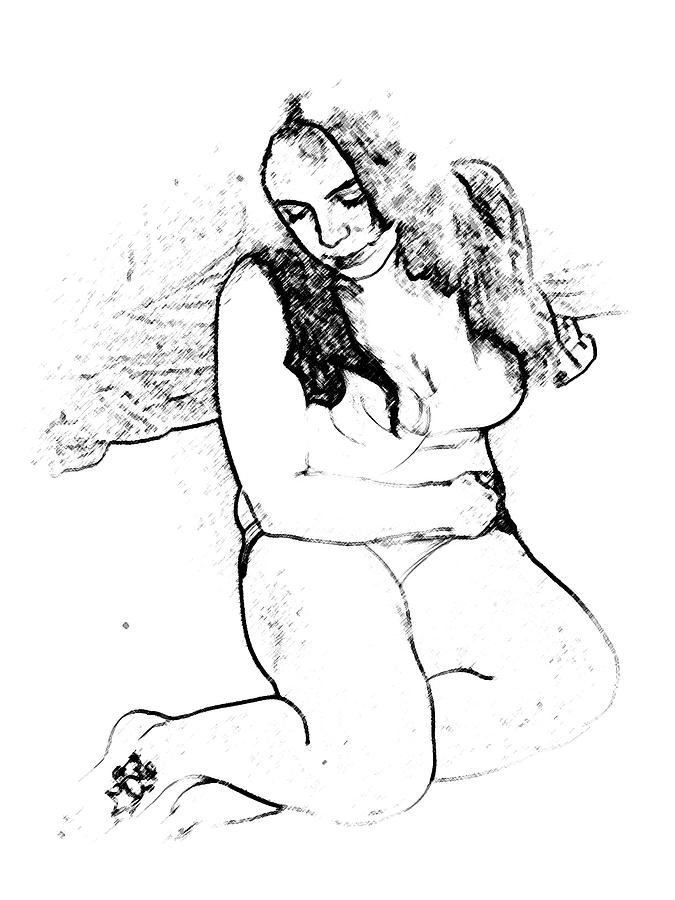 Seated Girl in Bra Drawing by De McClung