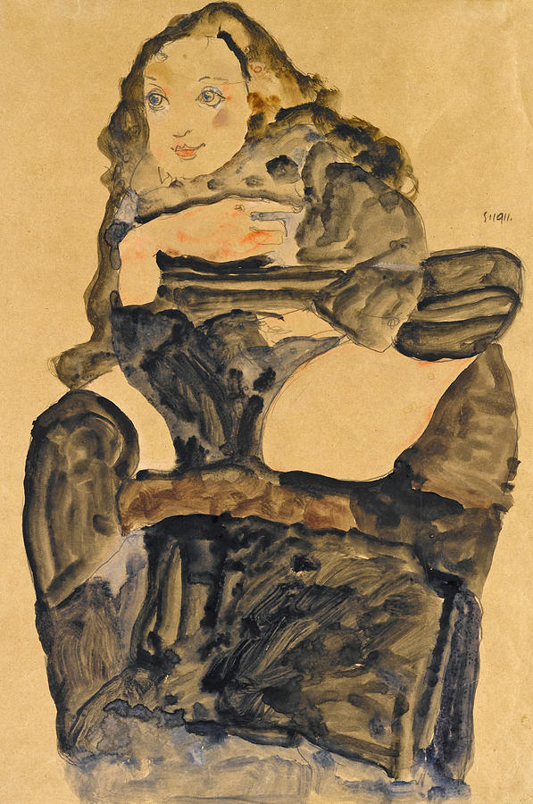 Seated Girl with raised left leg Drawing by Egon Schiele