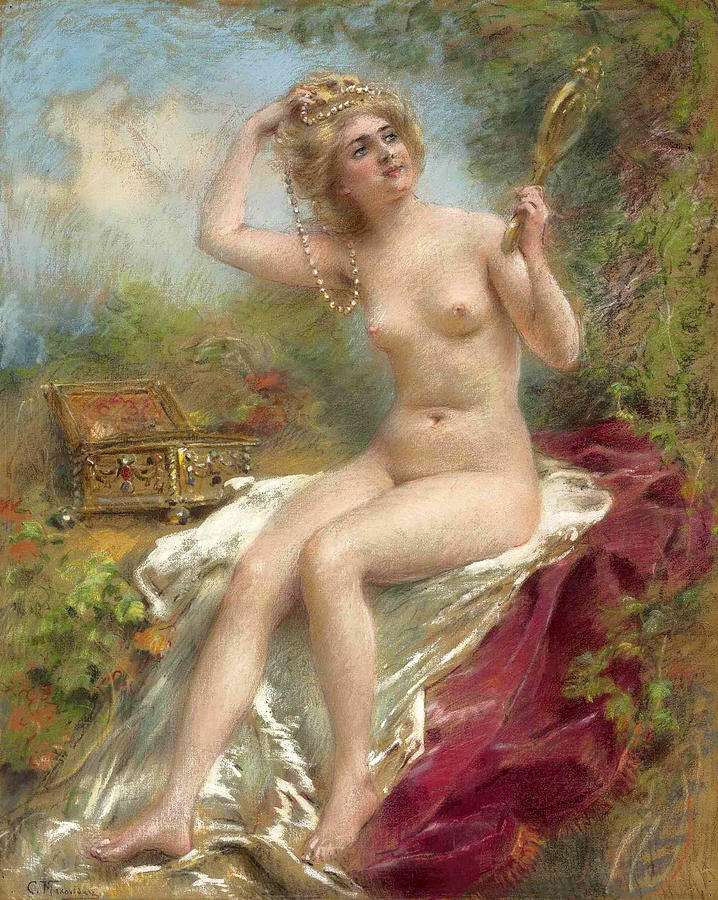 Seated Nude Looking in a Mirror Drawing by Konstantin Makovsky