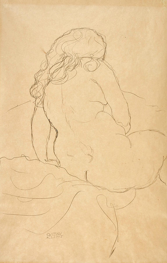 Seated Nude seen from behind and turned to the Right Drawing by Gustav Klimt