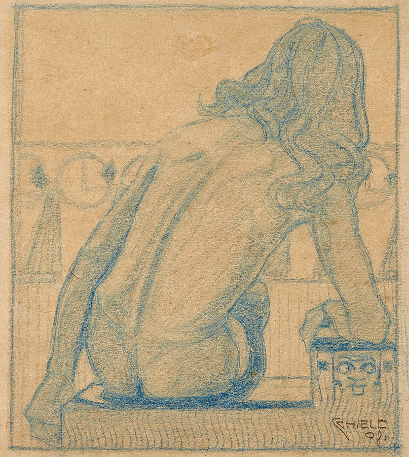 Seated Nude seen from behind Drawing by Egon Schiele