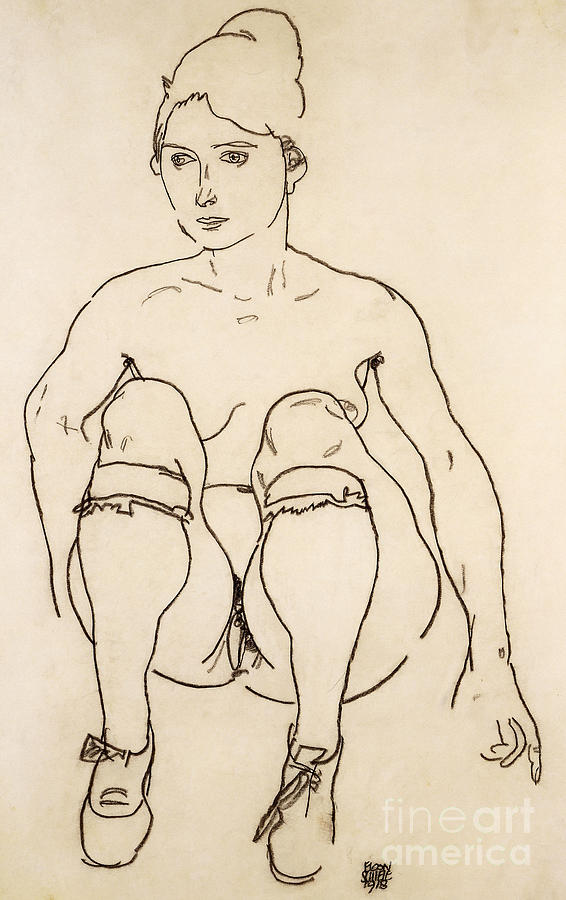 Seated Nude with Shoes and Stockings Drawing by Egon Schiele