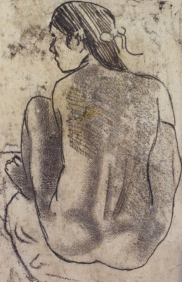 Seated Tahitian Nude from the Back Drawing by Paul Gauguin