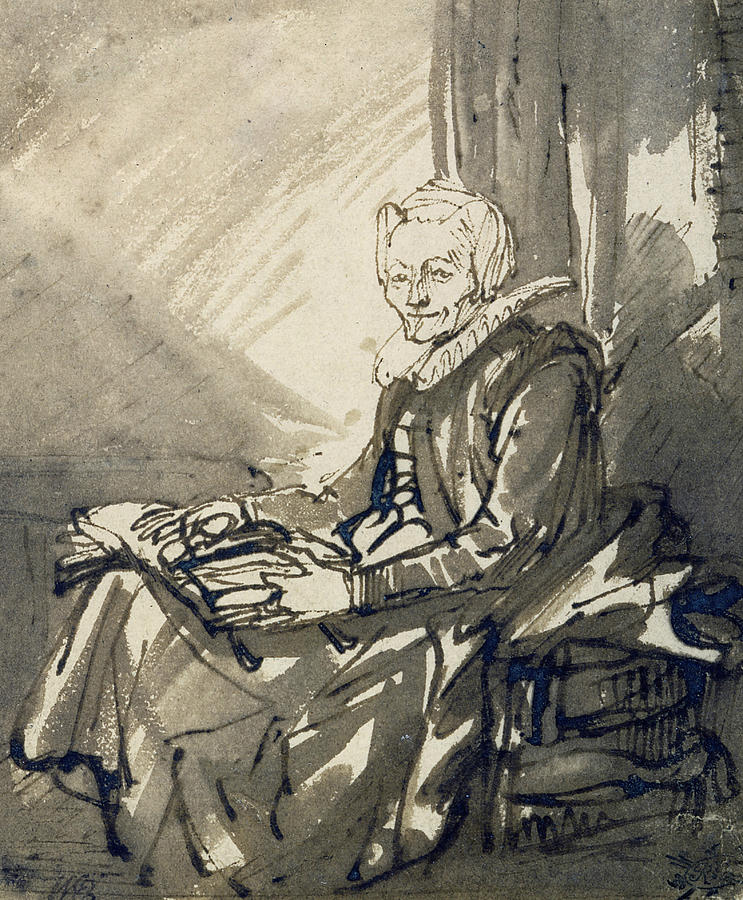 Seated Woman with an Open Book on her Lap Drawing by Rembrandt