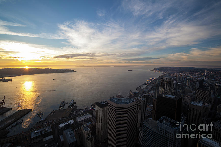 Seattle and Elliott Bay at Sunset Photograph by Mike Reid