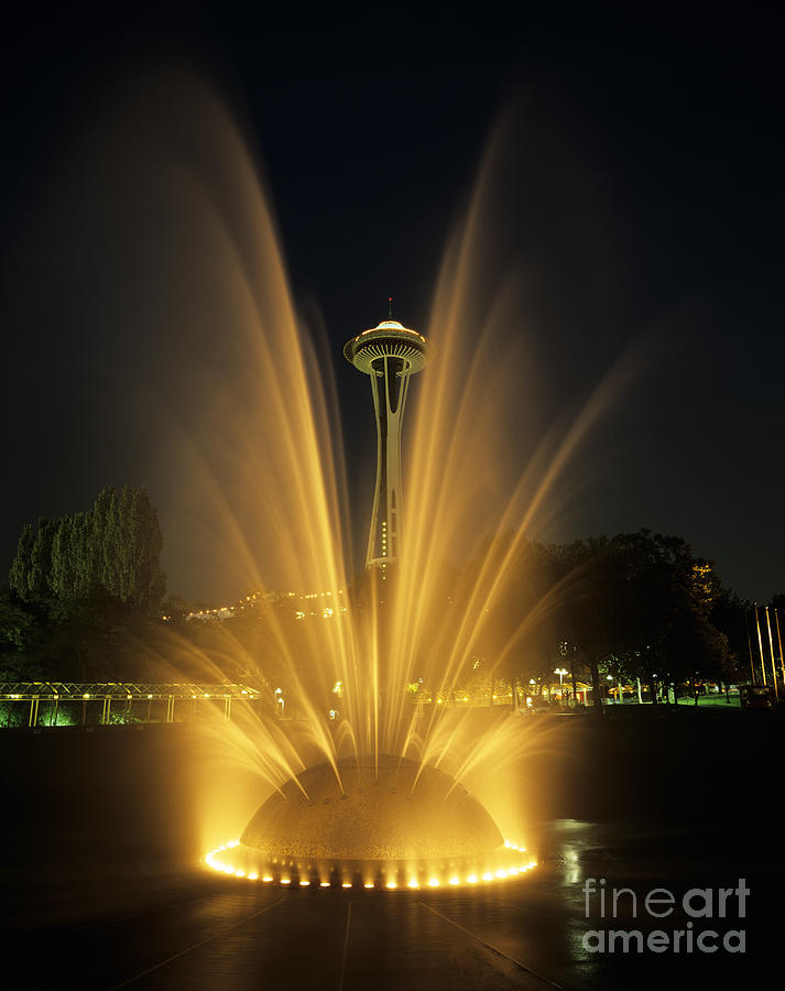Seattle Center Fountain and Space Needle Photograph by Jim Corwin