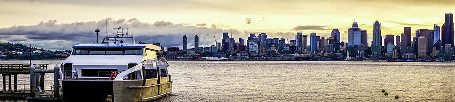 Seattle City Skyline Early Morning With Watercraft In Foreground Photograph by Alex Grichenko