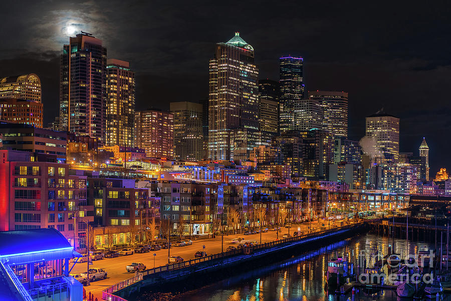Seattle Cityscape Full Moonrise Photograph