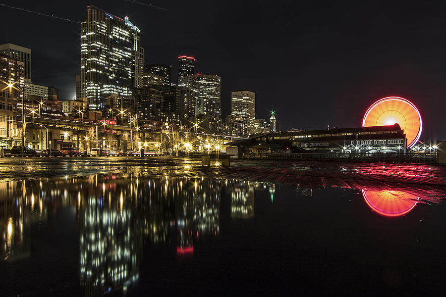 Seattle Cityscape Great Wheel Reflection Photograph by Matt McDonald