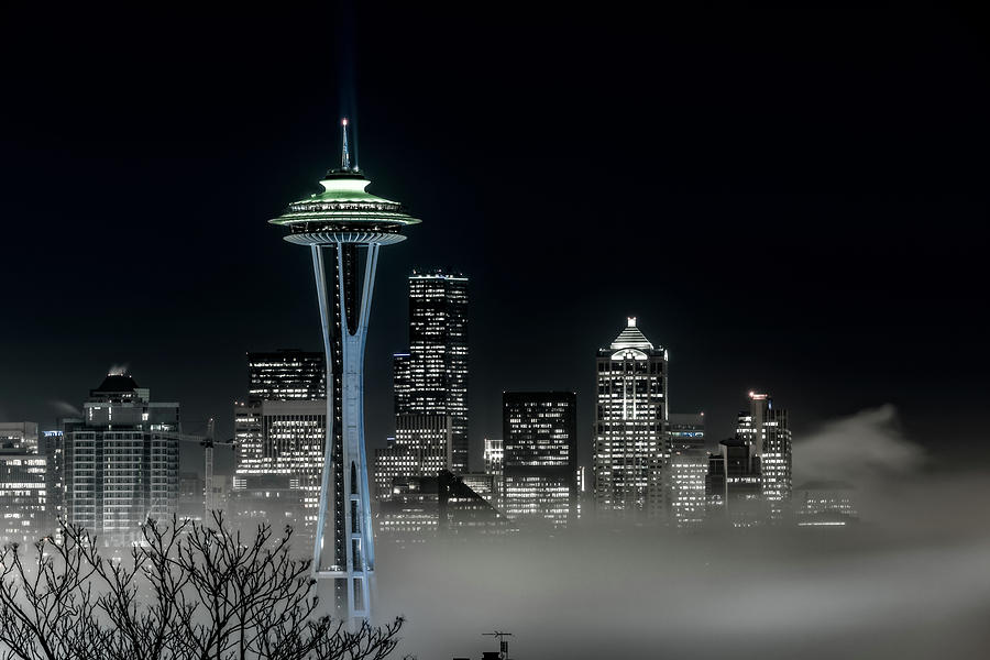 Seattle Foggy Night Lights in BW Photograph by Ken Stanback