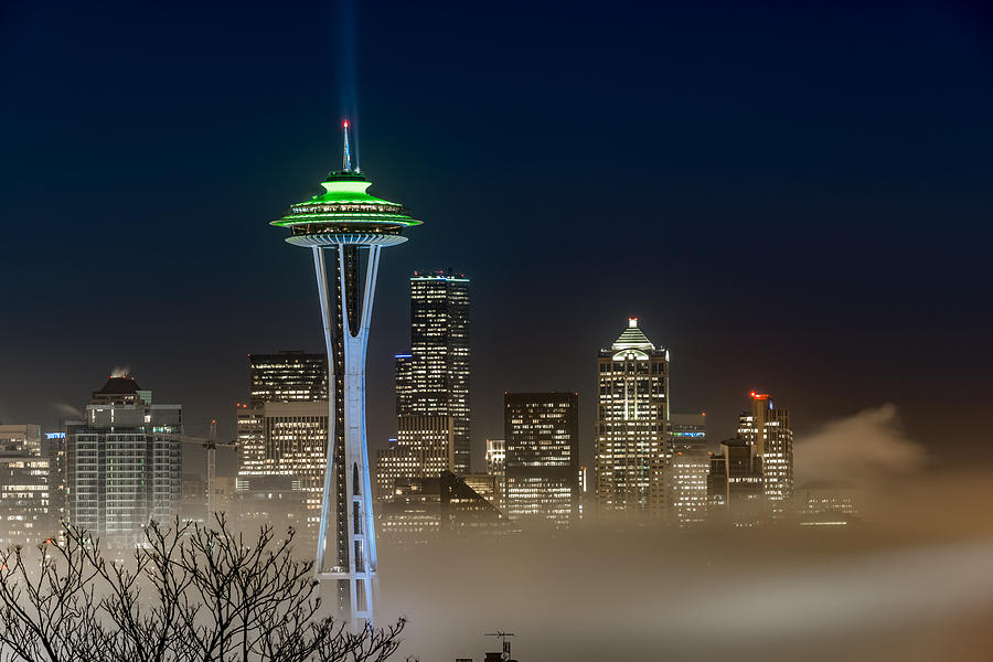 Seattle Foggy Night Lights Photograph by Ken Stanback