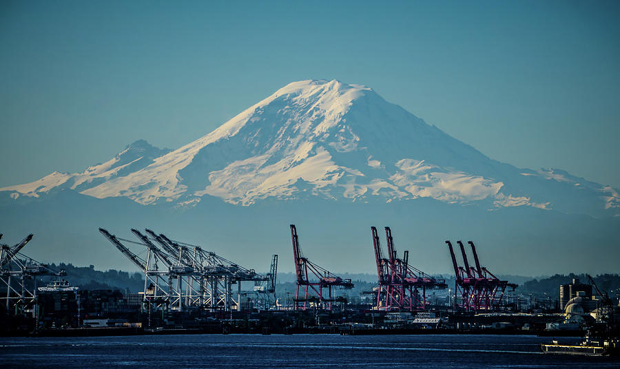 Seattle harbour and Mount Rainier Photograph by Alex Grichenko
