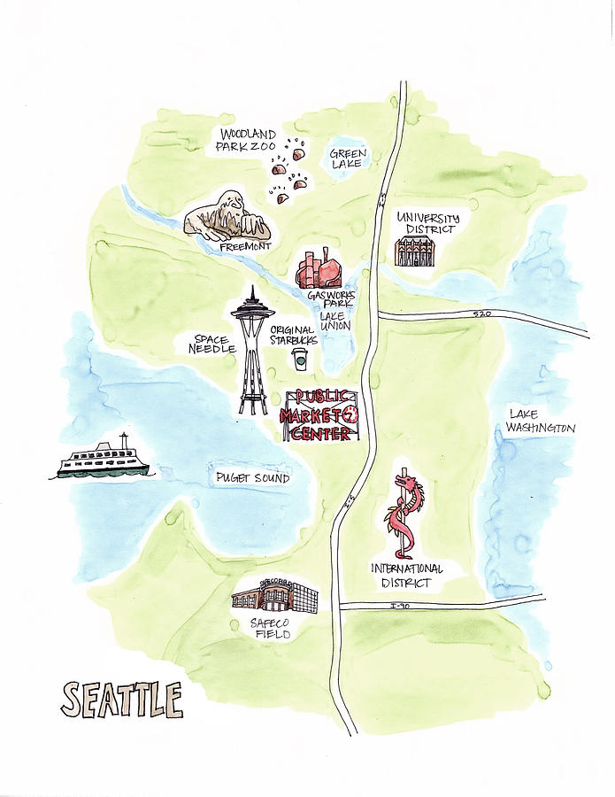 Seattle Map Drawing - Seattle Map by Shanon Rifenbery