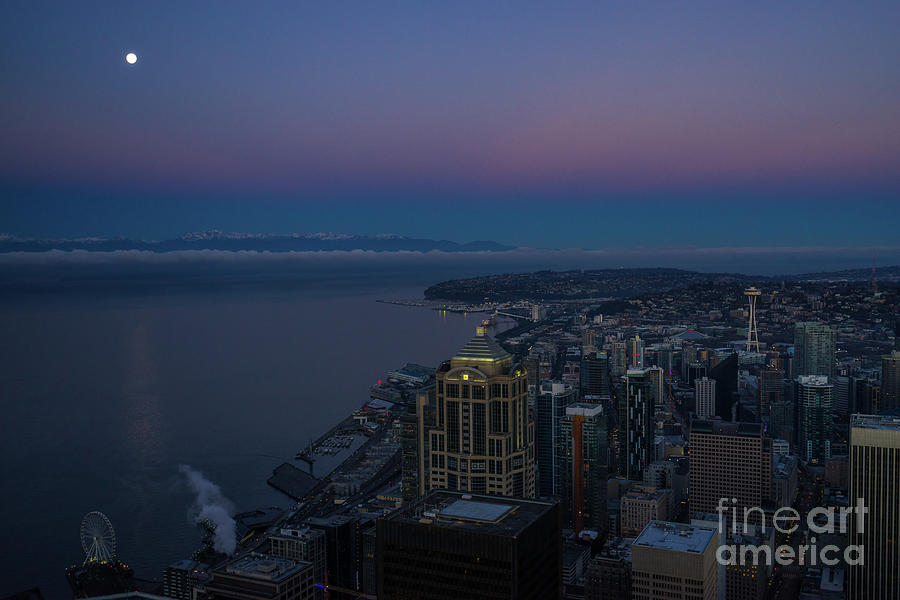 Seattle Moonset Sunrise Light Photograph
