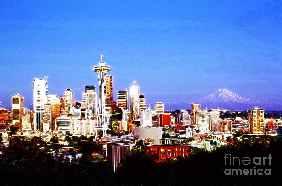 Seattle Sklyine Mount Rainier Digital Art by Wernher Krutein